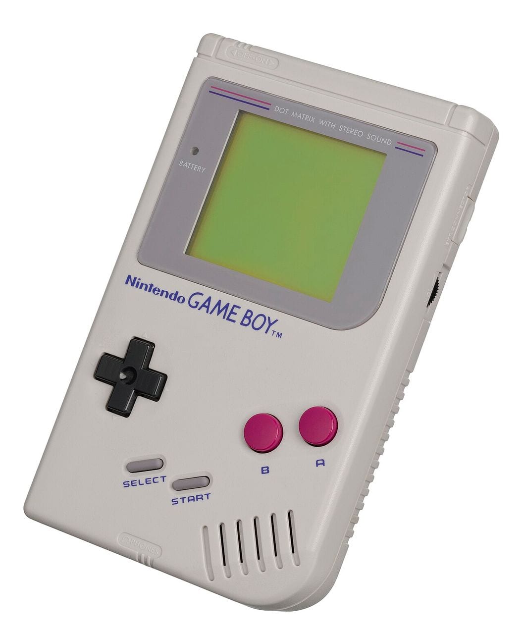 灰色の本体に緑がかった画面の初代ゲームボーイ
